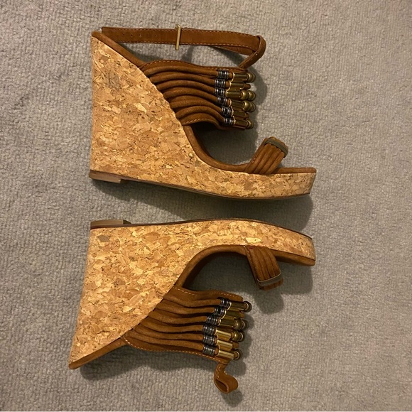 Tory Burch Wedge Heels Women’s 9M Brown Leather Cork Beaded *Missing Ankle Strap - Picture 10 of 12